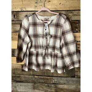 Loft Women’s Plaid Flannel peplum Top Brown And Tan Size Large